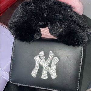 Black Fur Handle Bag with Crystal Logo